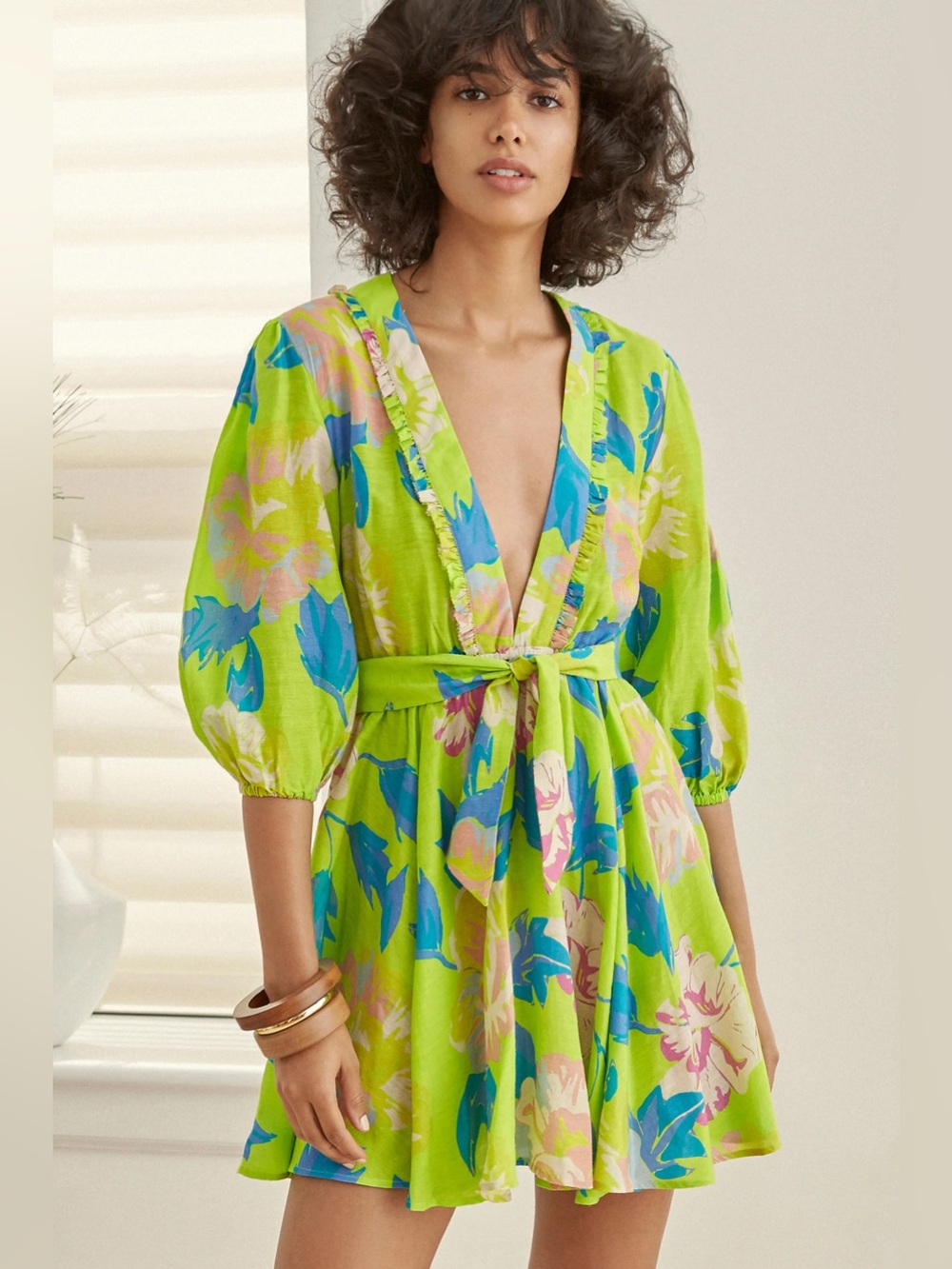 A Peace Treaty Lime Green Floral V-Neck Casual Dress